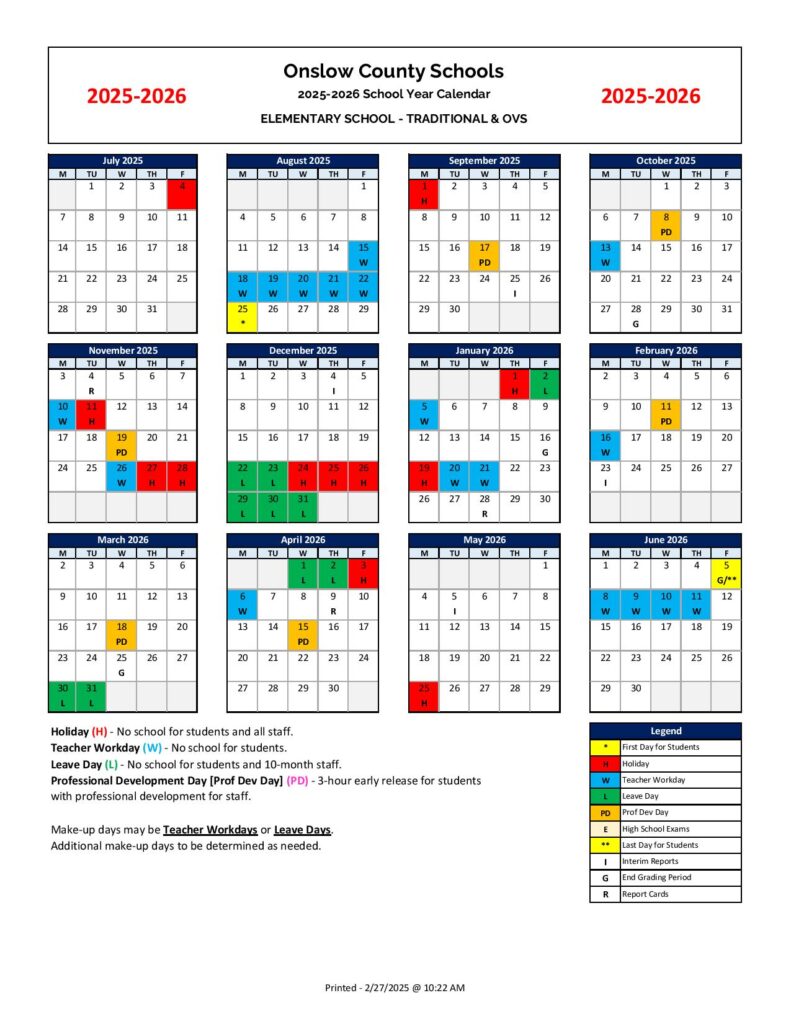 Onslow County Schools Calendar 2025-2026