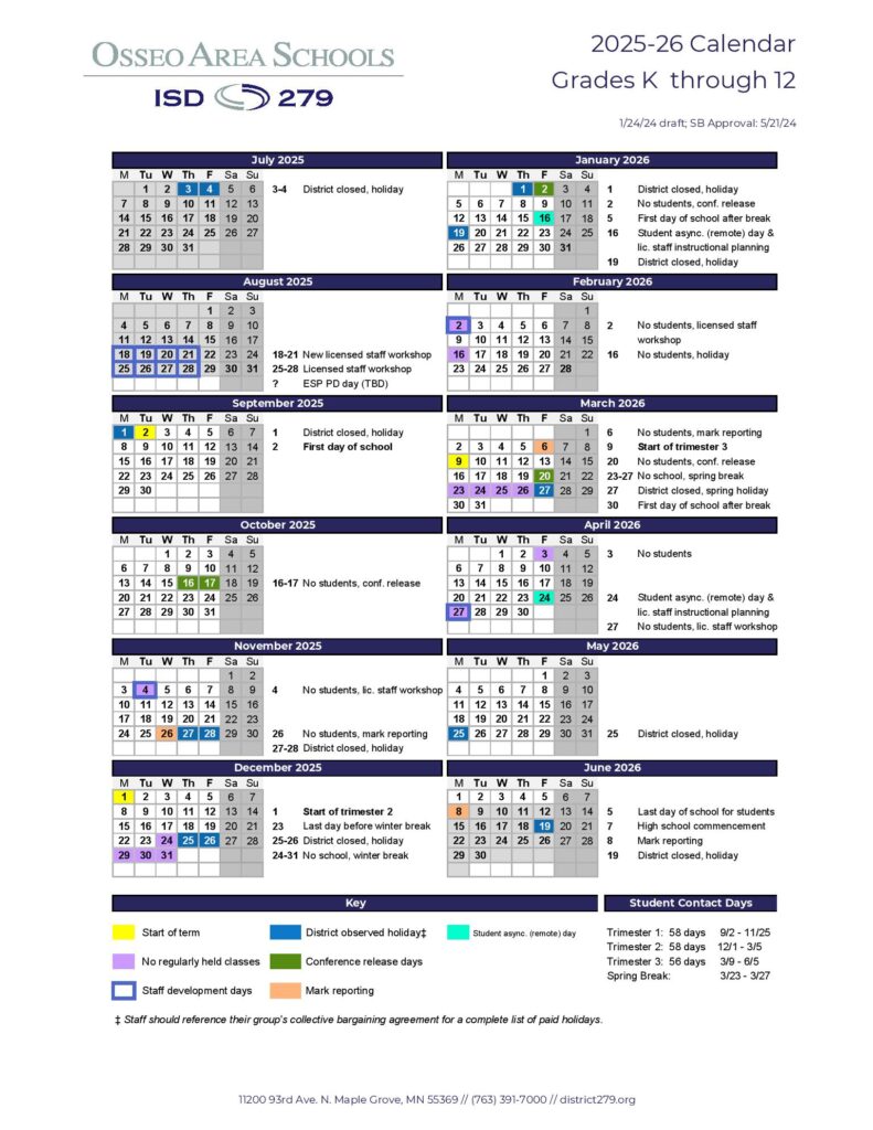 Osseo School District Calendar 2025-2026