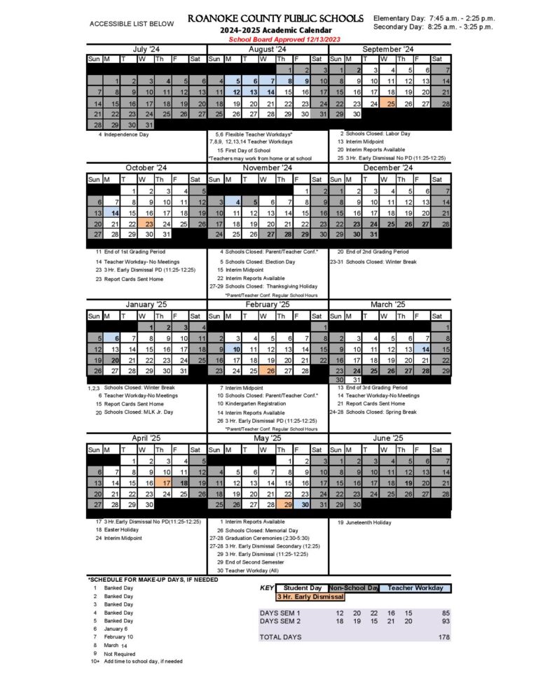 Roanoke County Public Schools Calendar 2024-2025