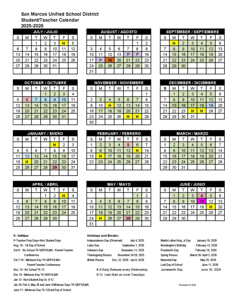 San Marcos Unified School District Calendar 2025-2026