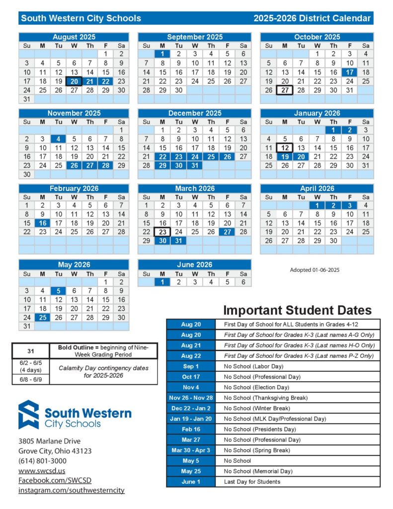 South Western City Schools Calendar 2025-2026