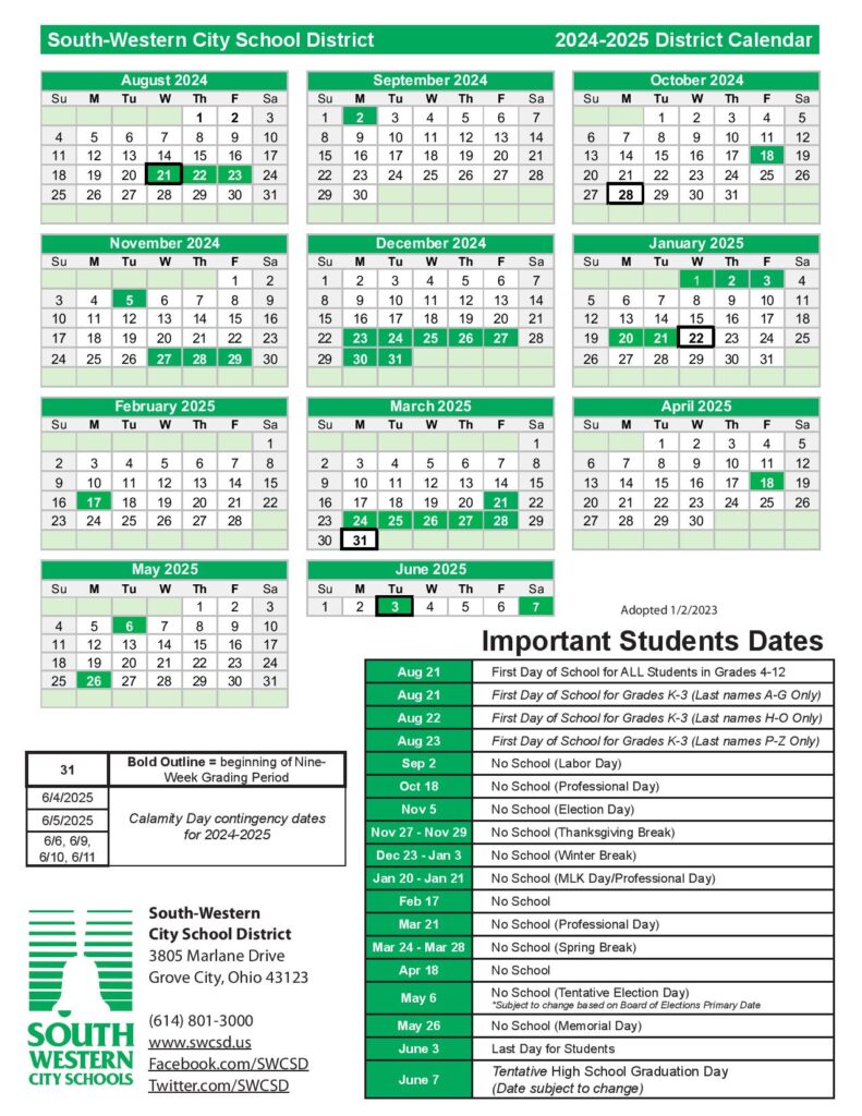 South Western City Schools Calendar