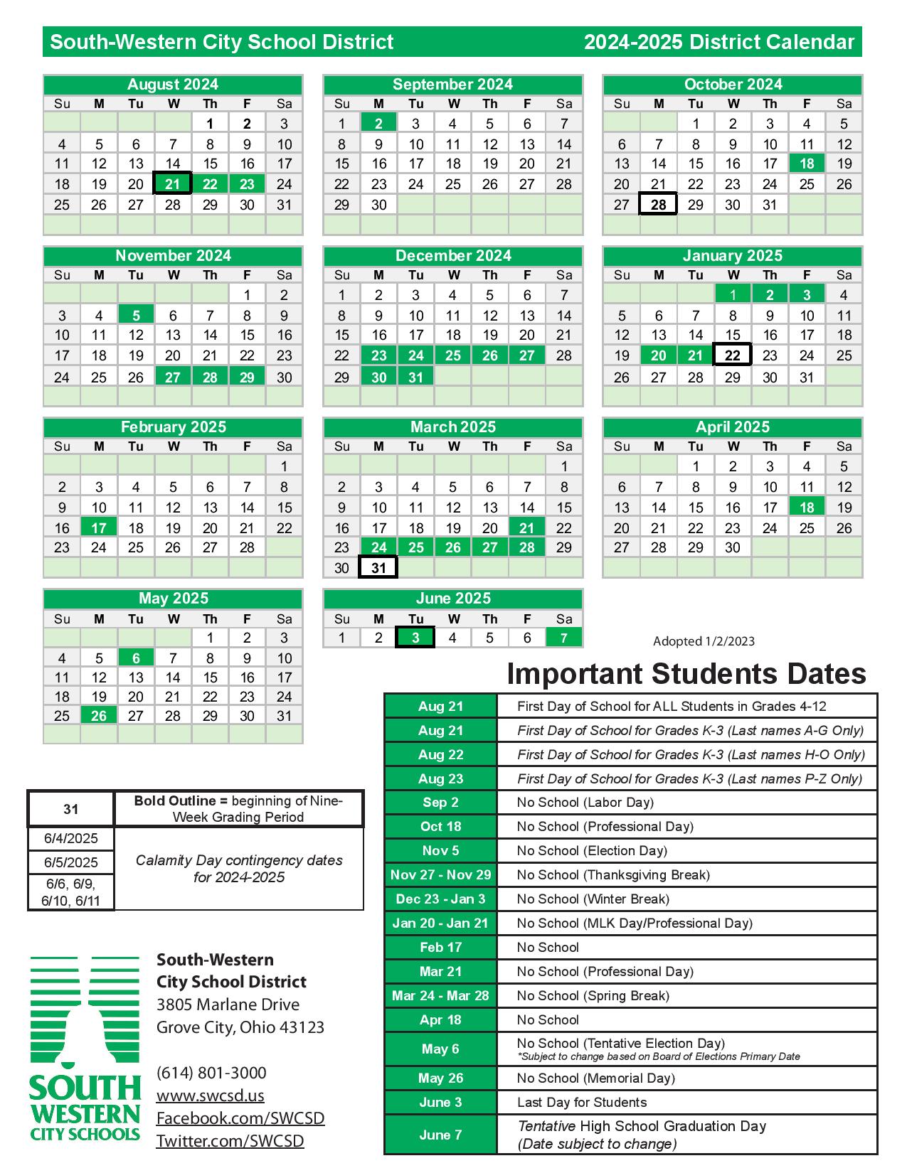 South Western City schools Calendar Holidays 20242025