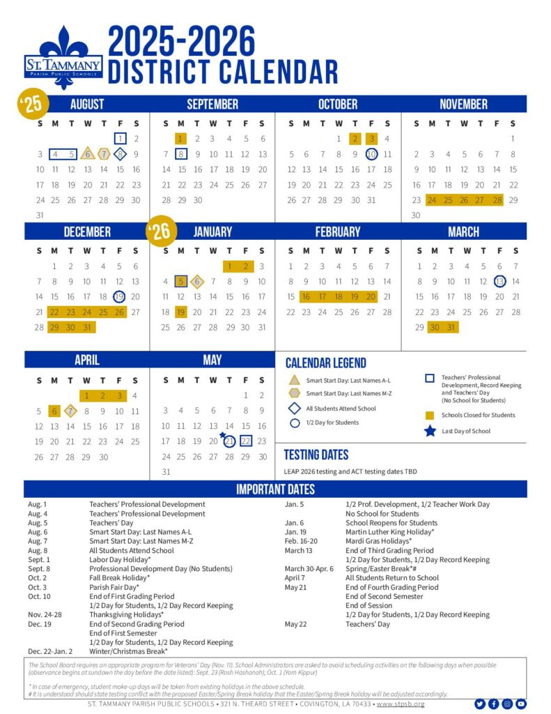 St Tammany Parish Schools Calendar 2025-2026