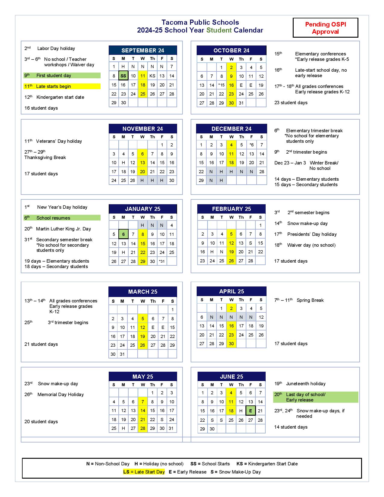 Tacoma Baptist School 2025-2026 School Calendar