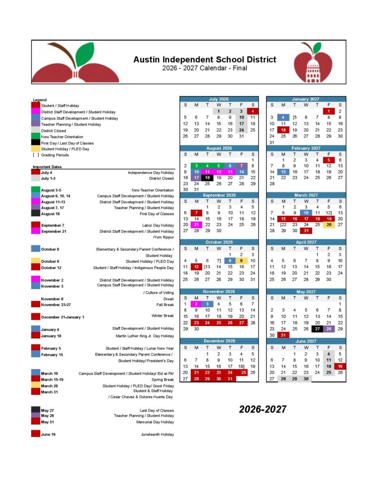 Austin ISD School Calendar 2026-2027