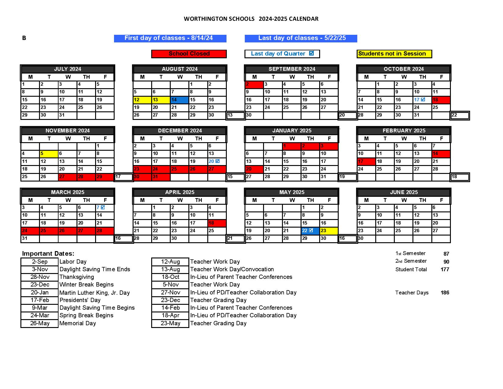 Worthington Schools Calendar 2024-2025  Holiday Breaks