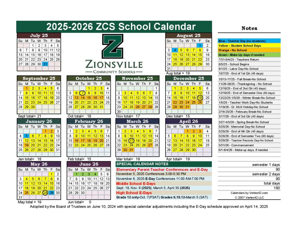Zionsville Schools Calendar 2025-2026