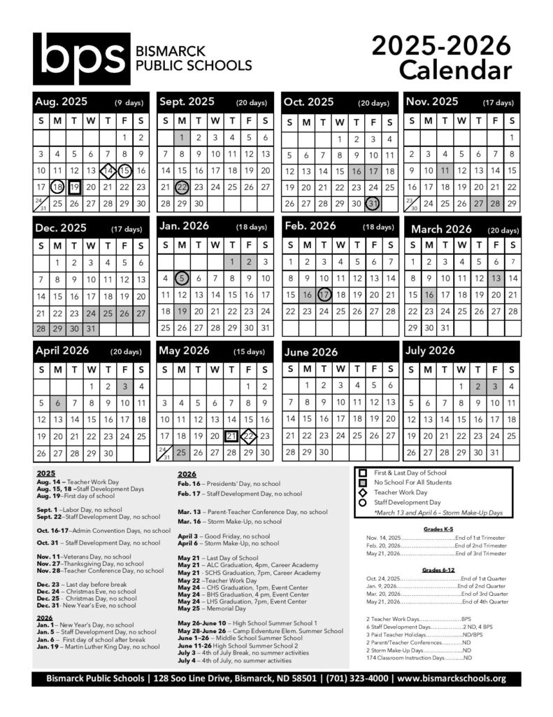 Bismarck Public Schools Calendar 2025-2026
