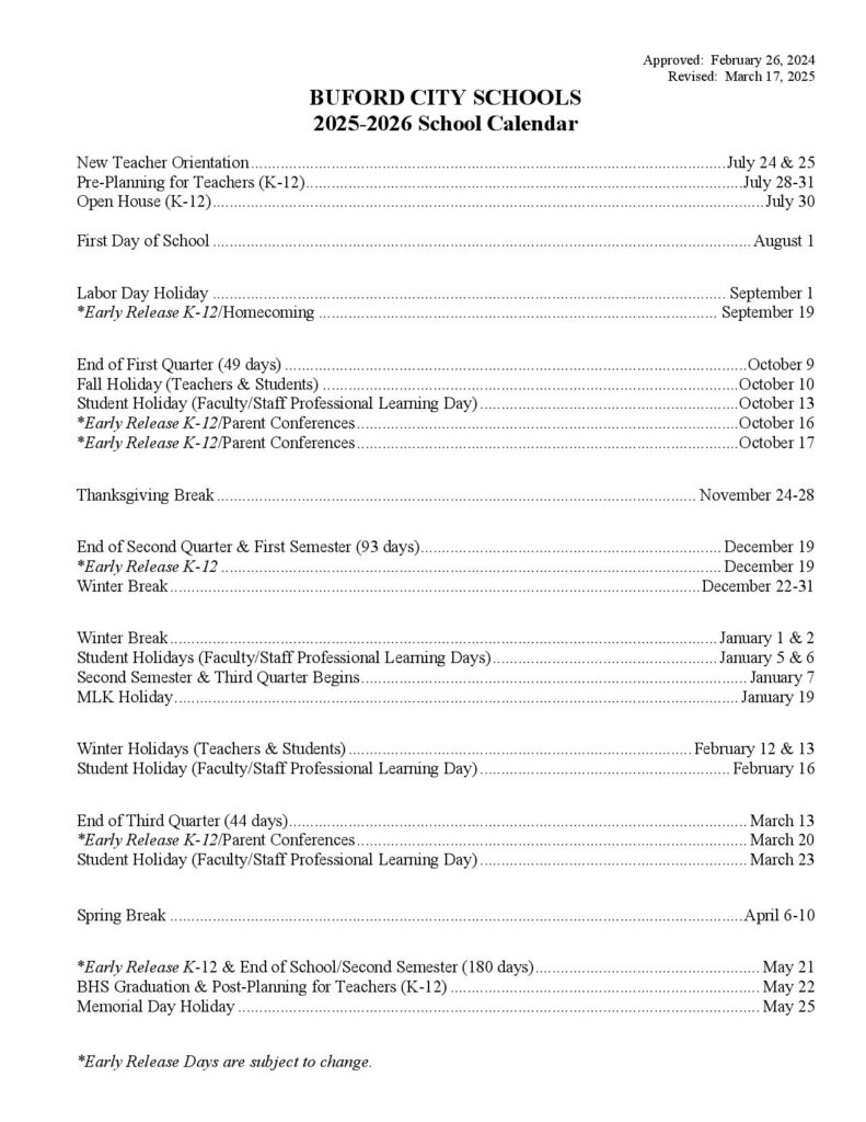 Buford City Schools Calendar 2025-2026