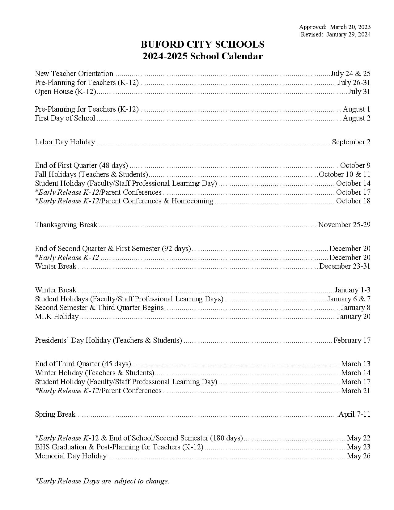 Buford City Schools Calendar 20242025 Holiday Breaks