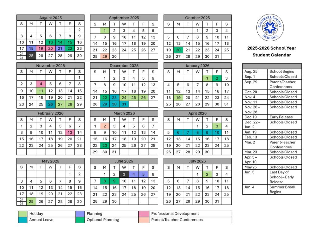 Caldwell County Schools Calendar 2025-2026