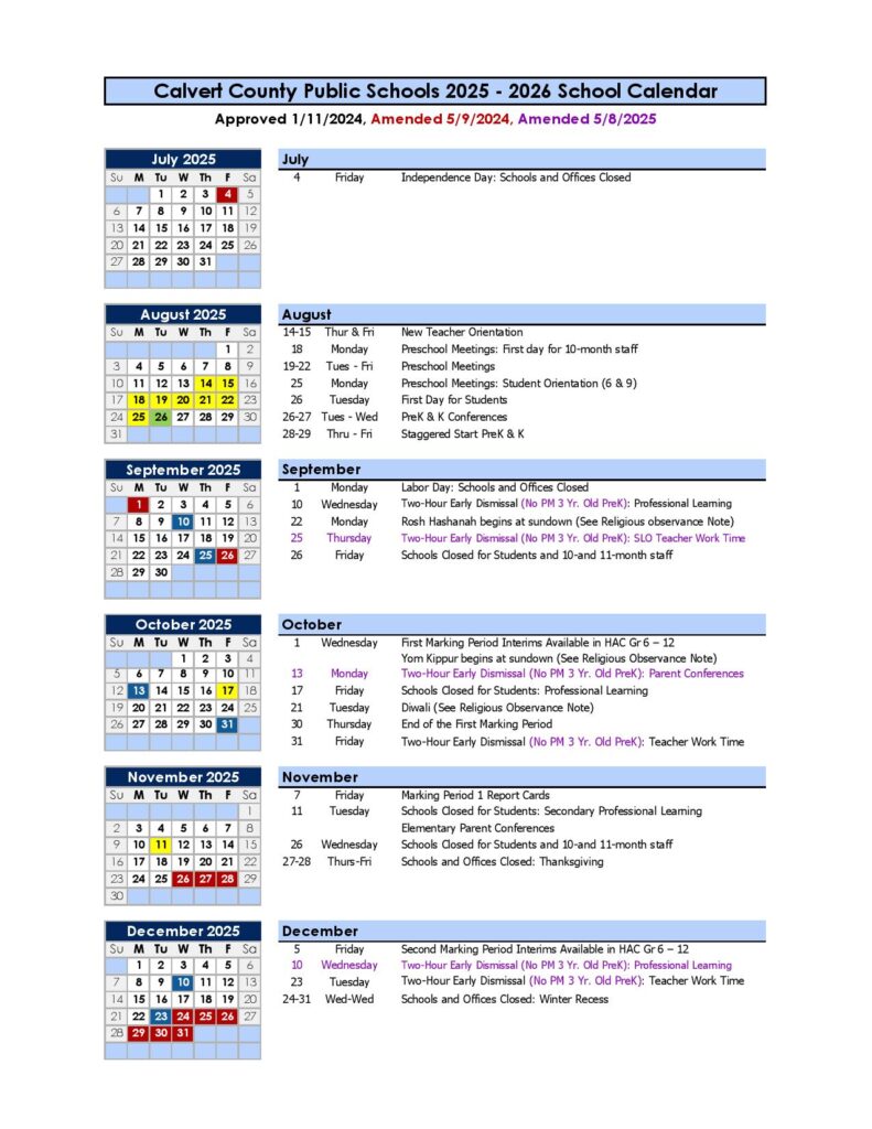 Calvert County Public Schools Calendar 2025-2026