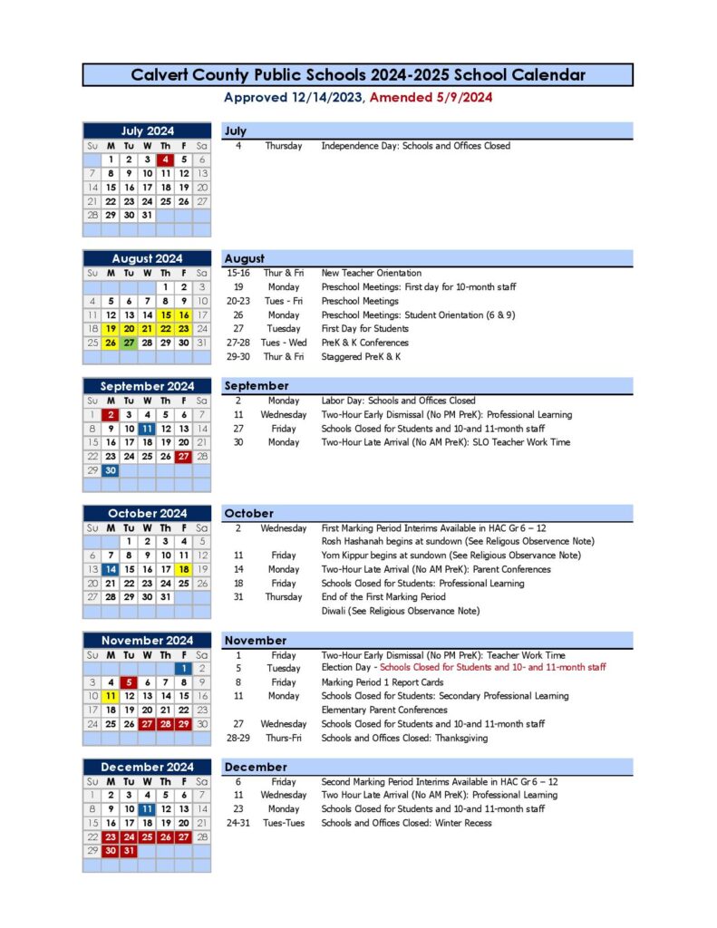 Calvert County Public Schools Calendar