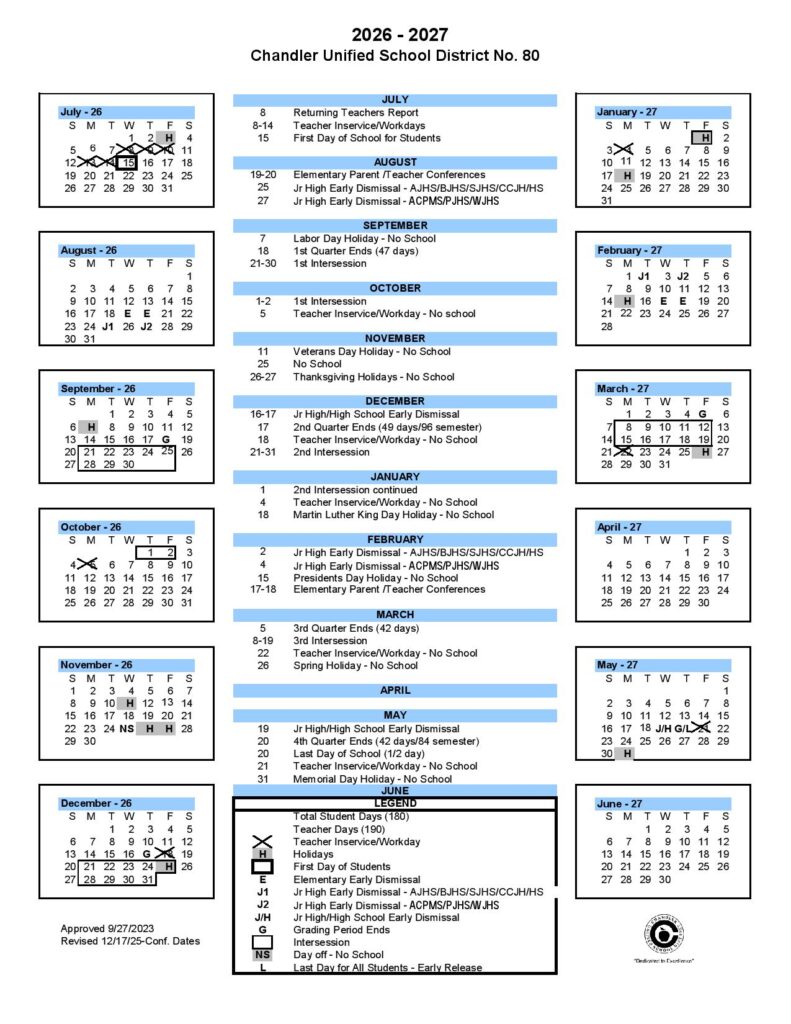 Chandler School District Calendar 2026-2027
