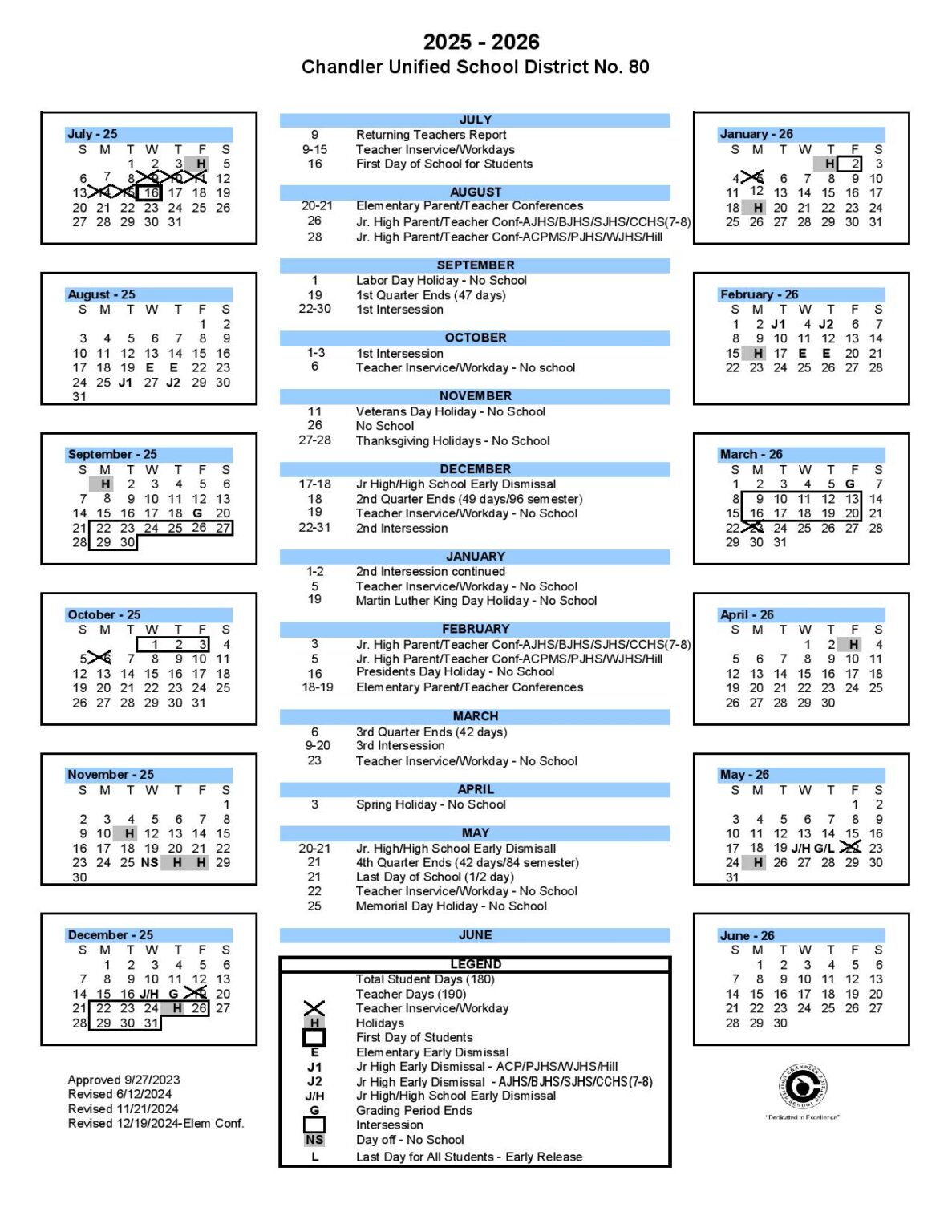 Chandler School District Calendar 2025 2026 Academic Holidays New
