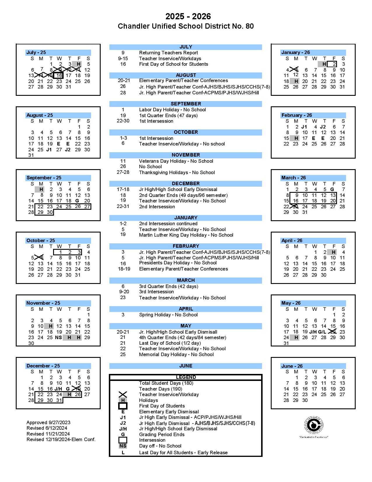 Chandler School District Calendar 2025 2026 Academic Holidays New