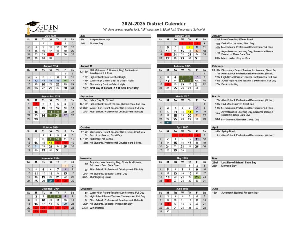 Ogden School District Calendar 2024-2025  Academic Holidays