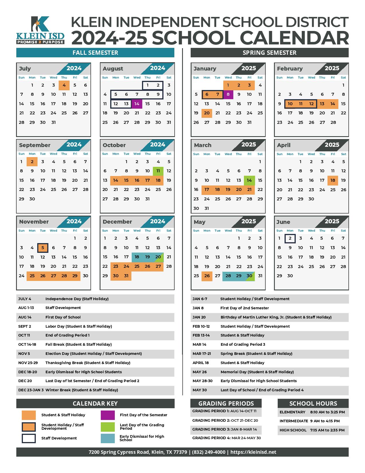 Klein ISD School Calendar 2024 2025 Holiday Breaks