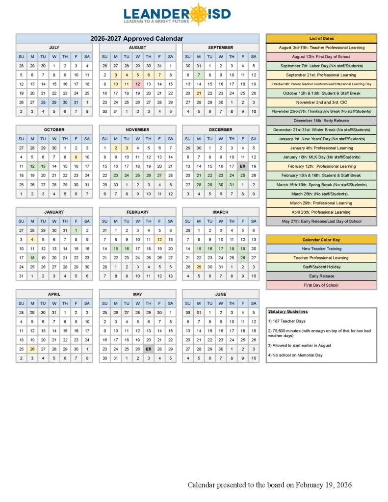 Leander ISD School Calendar 2026-2027 PDF