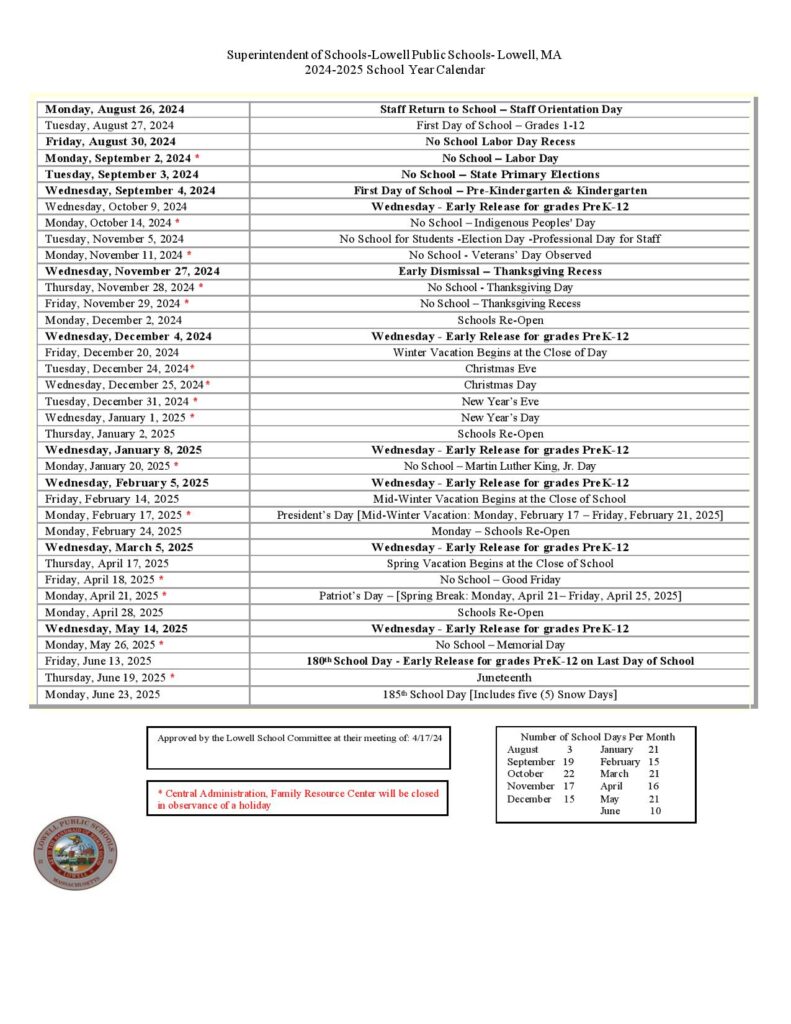 Lowell Public Schools Calendar