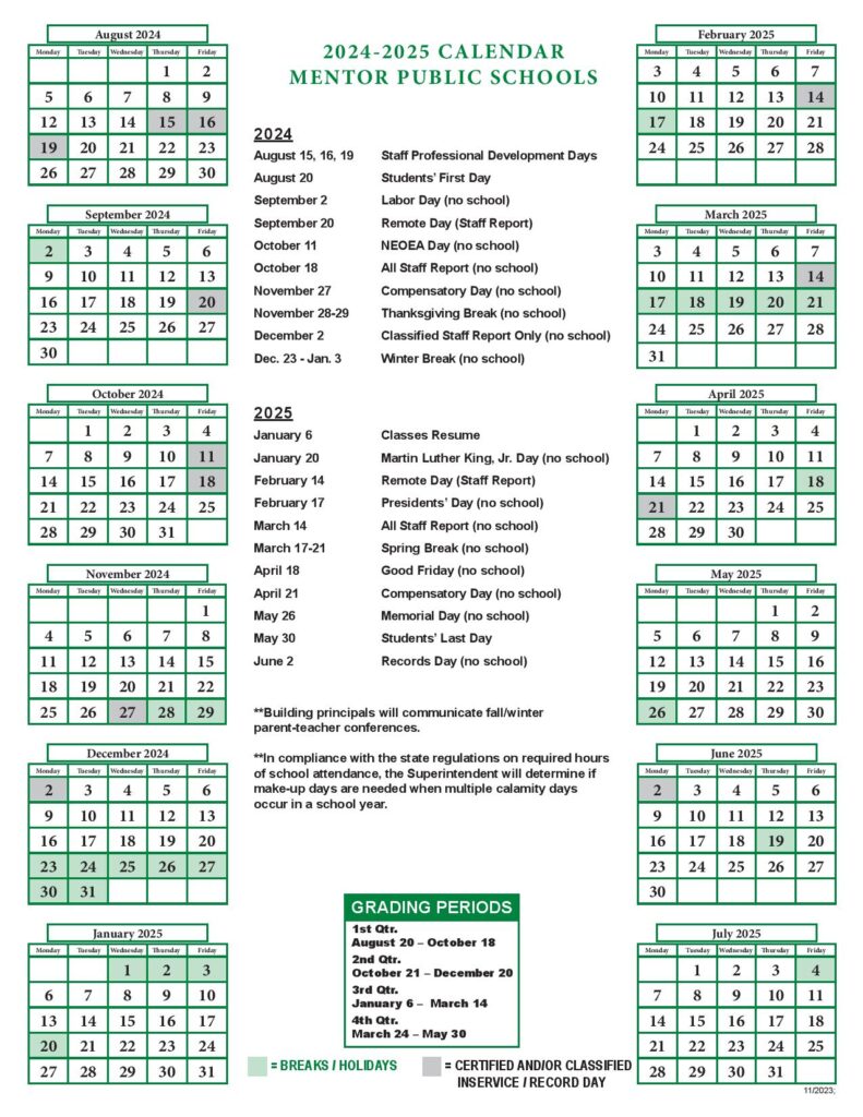 Mentor Public Schools Calendar