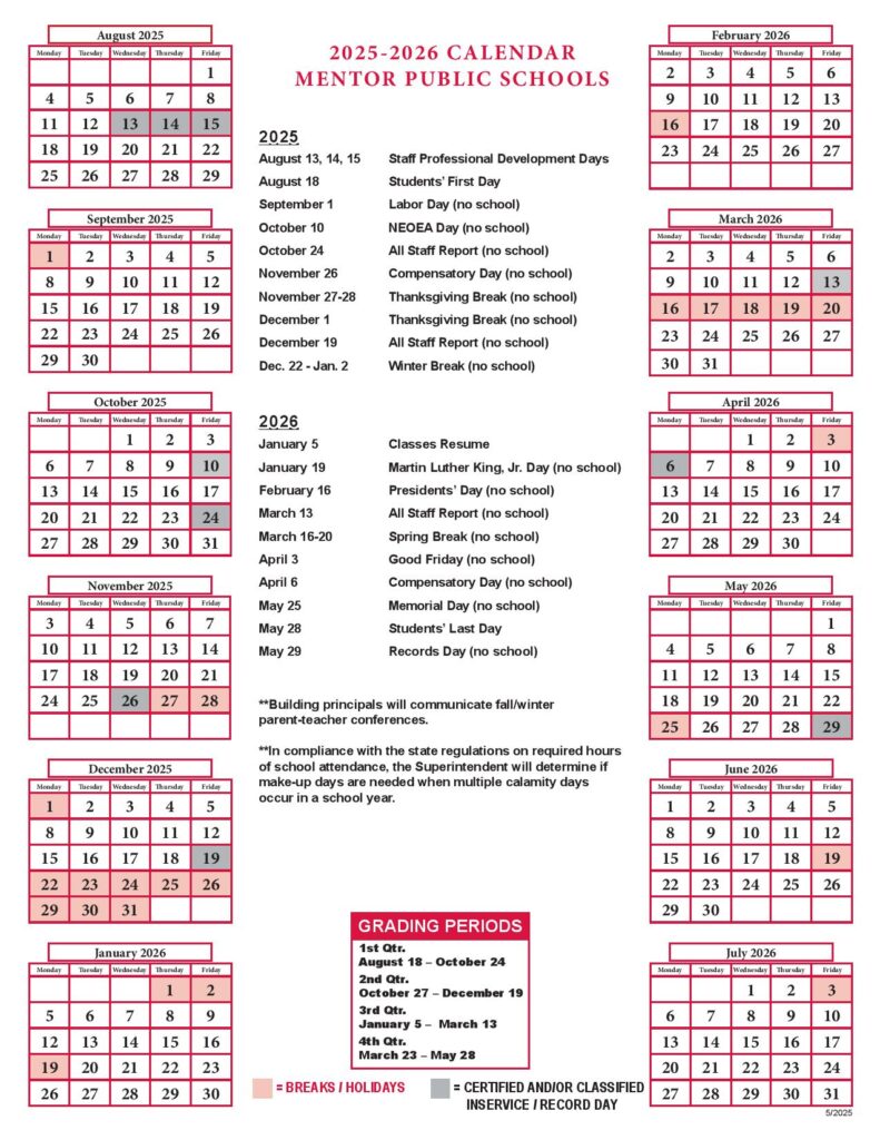 Mentor Public Schools Calendar 2025