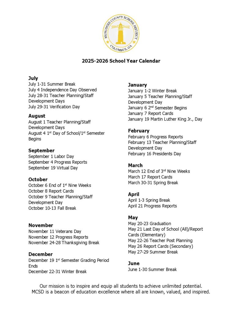 Muscogee County Schools Calendar 2025-2026