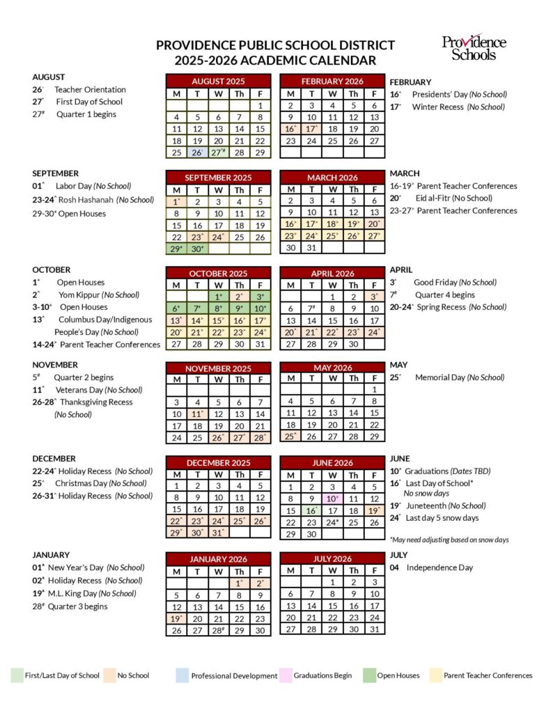 Providence Schools Calendar 2025-2026