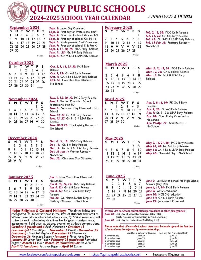 Quincy Public Schools Calendar