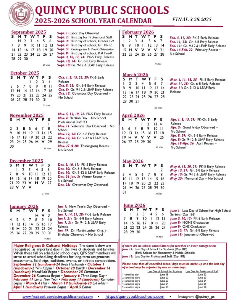 Quincy Public Schools Calendar 2025-2026