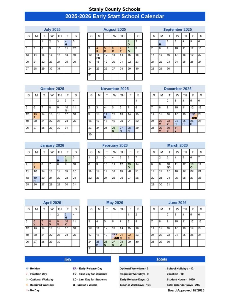 Stanly County Schools Calendar 2025-2026