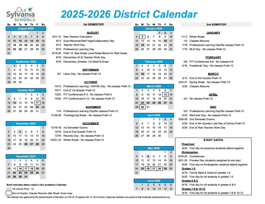 Sylvania Schools Calendar 2025-2026