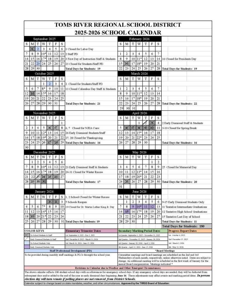 Toms River Schools Calendar 2025-2026