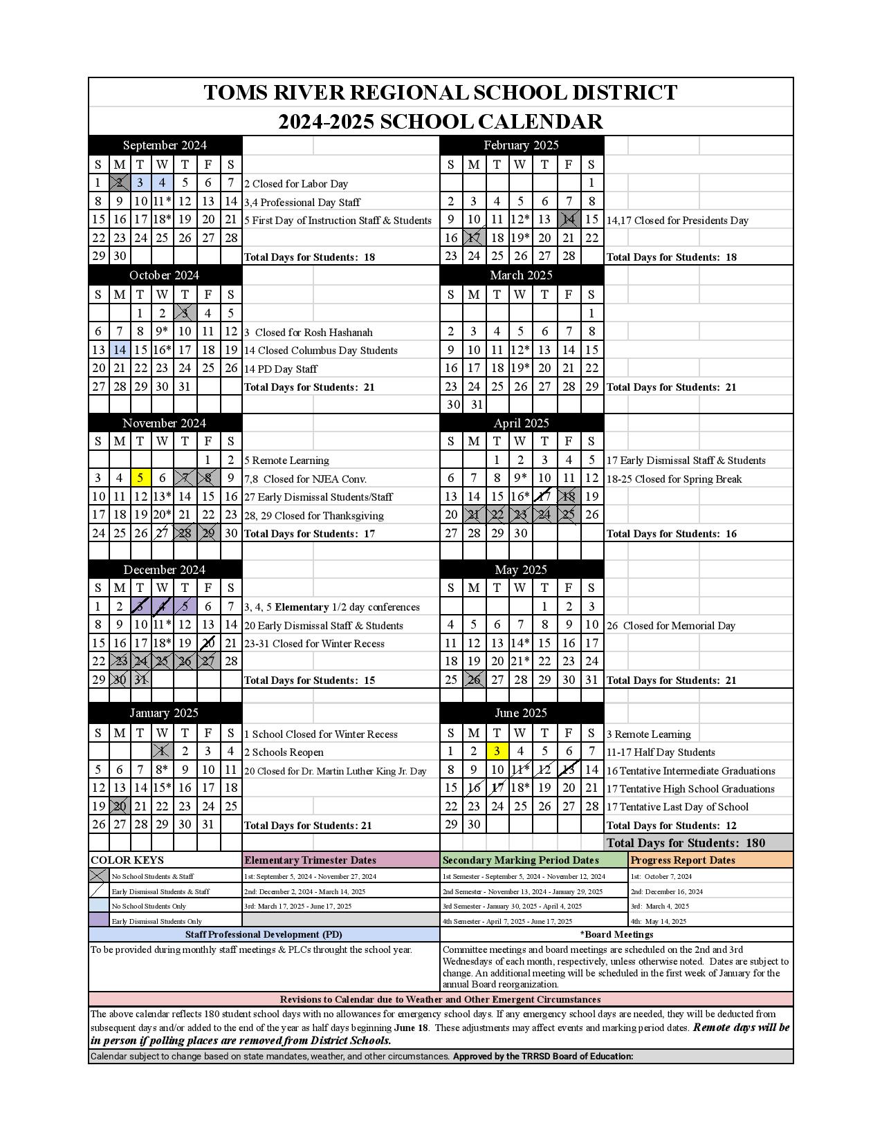 Toms River Schools Calendar 20242025 Holiday Breaks