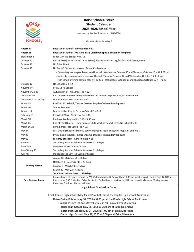 Boise School District Calendar 2025-2026