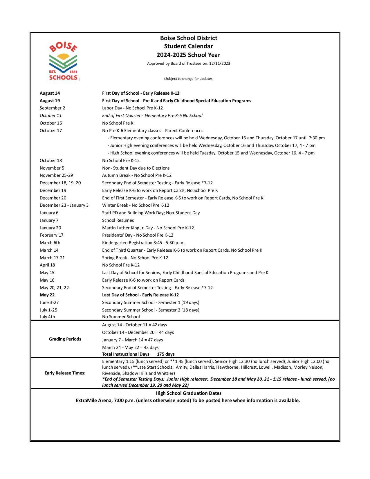 Boise School District Calendar 202425 Download PDF