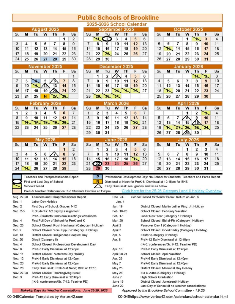 Brookline Public Schools Calendar 2025-2026