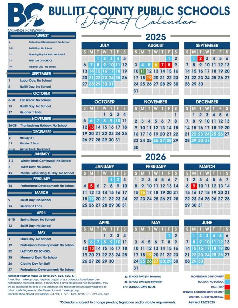 Bullitt County Public Schools Calendar 2025-2026