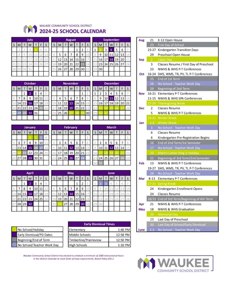 Waukee Schools Calendar 20242025 PDF Academic Holidays