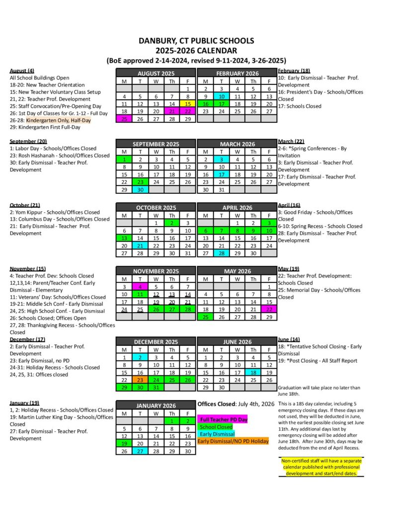 Danbury Public Schools Calendar 2025-2026