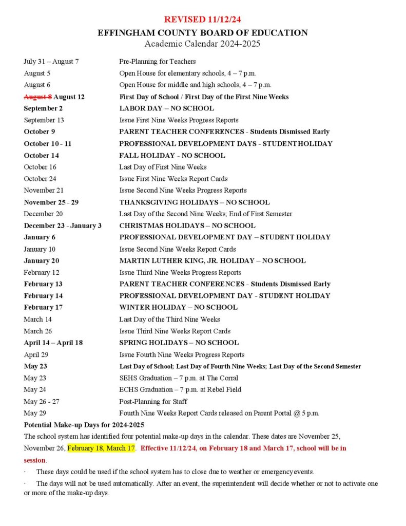 Effingham County Schools Calendar