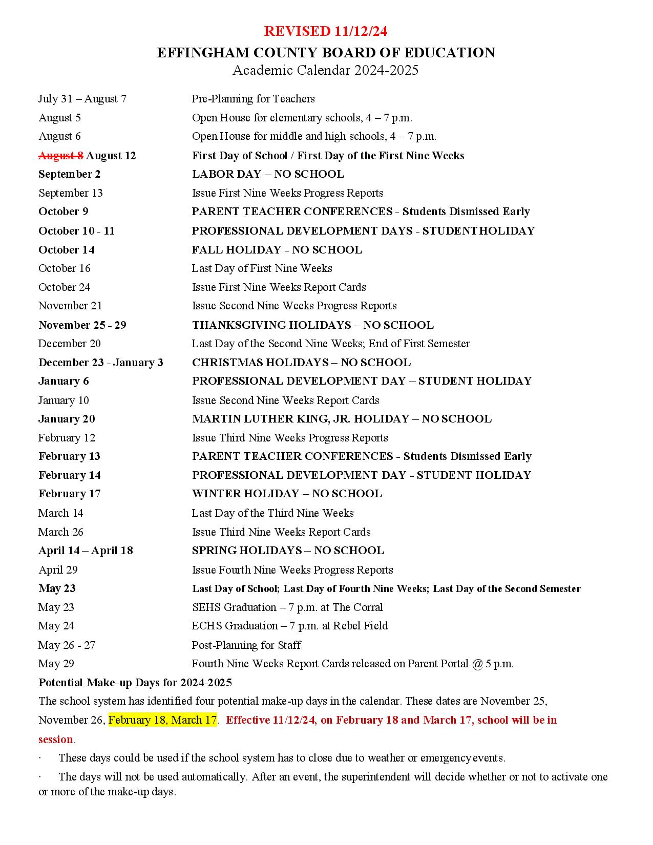 Effingham County Schools Calendar 2025 Holidays Download