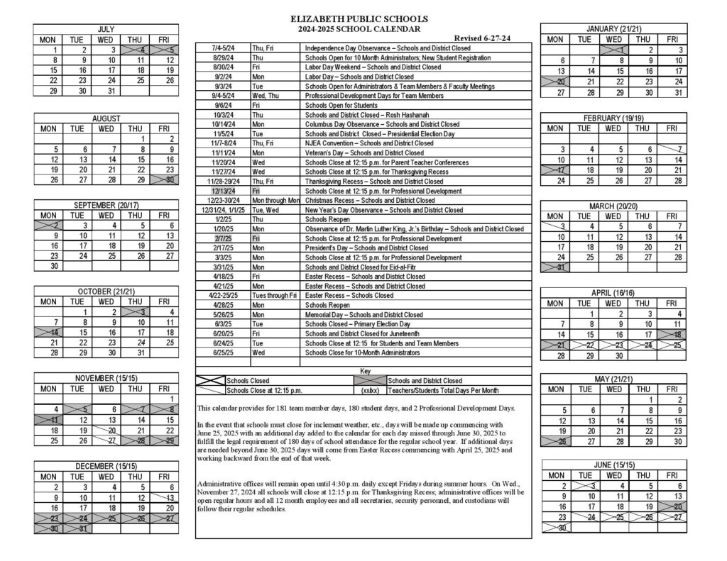 Elizabeth Public Schools Calendar