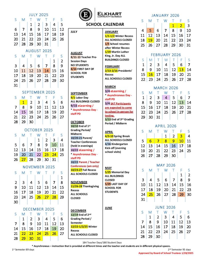 Elkhart Community Schools Calendar 2025-2026