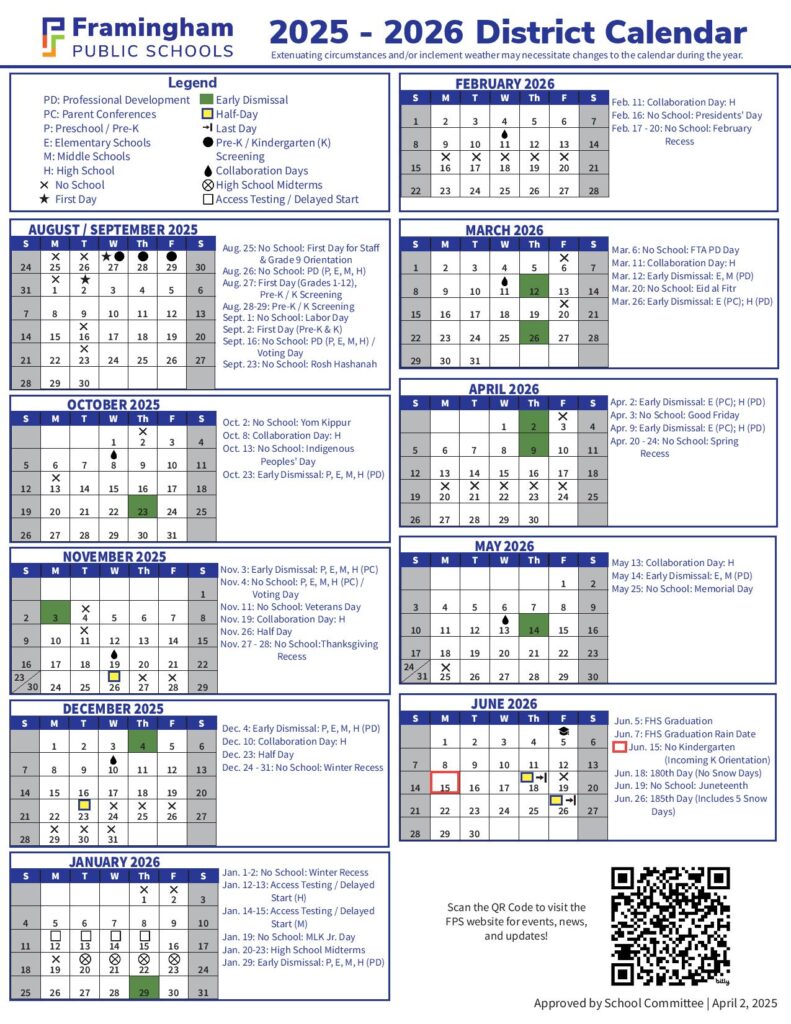 Framingham Public Schools Calendar 2025-2026