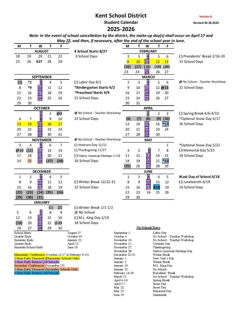 Kent School District Calendar 2025-2026