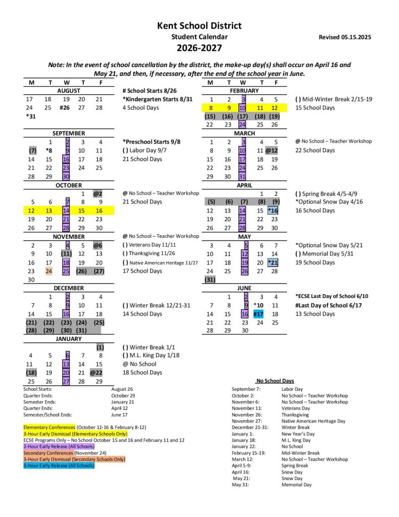 Kent School District Calendar 2026-2027