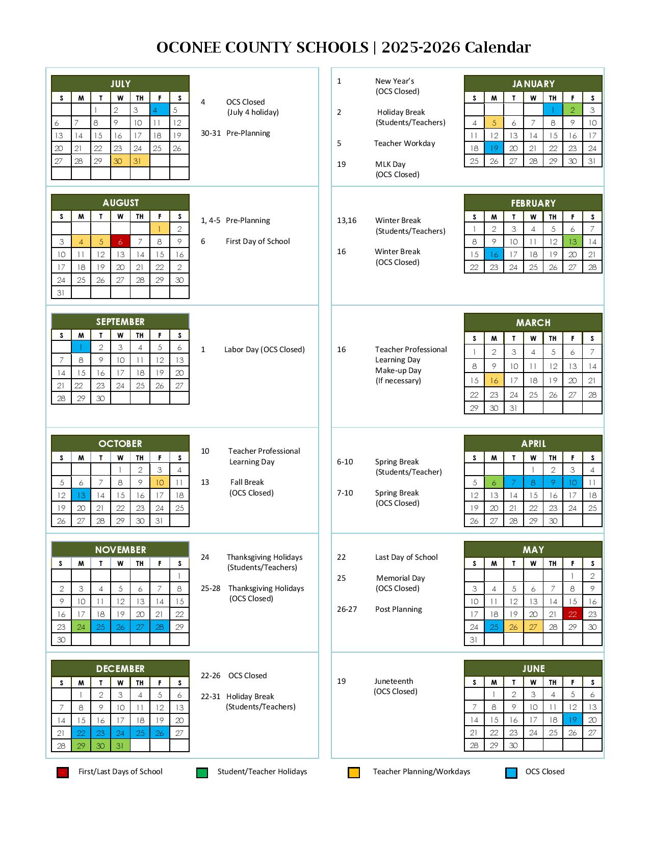 Oconee County Schools Calendar 2025 2026 Holidays Oconee County Schools Calendar 2025 2026 Holidays