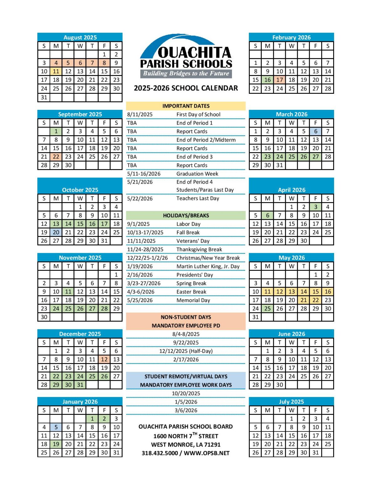 Ouachita Parish School Calendar 2025 2026 Holidays Ouachita Parish School Calendar 2025 2026 Holidays